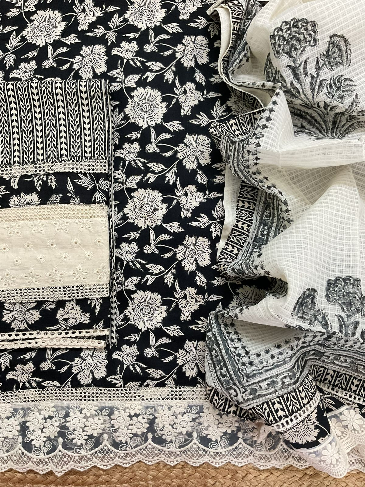 Pure Fine Cotton Printed Embroidered Suit - Black