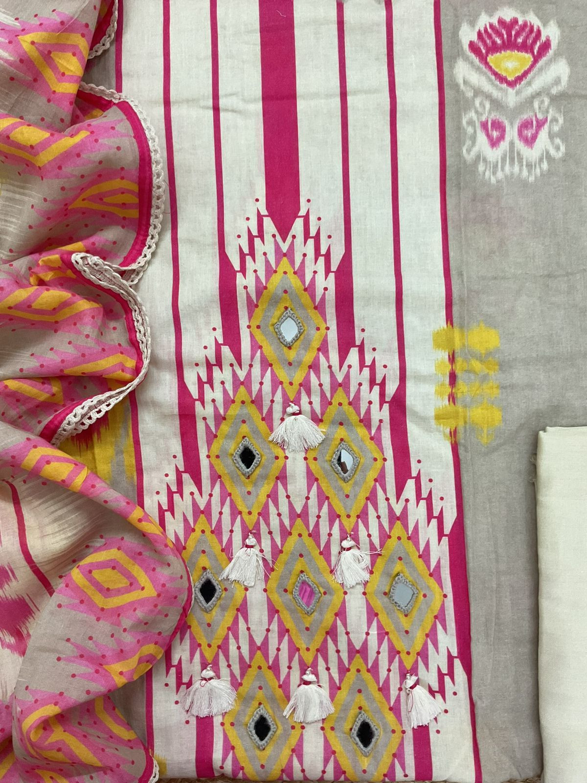 Pure Jaam Cotton Printed Embroidered Suit - Cream