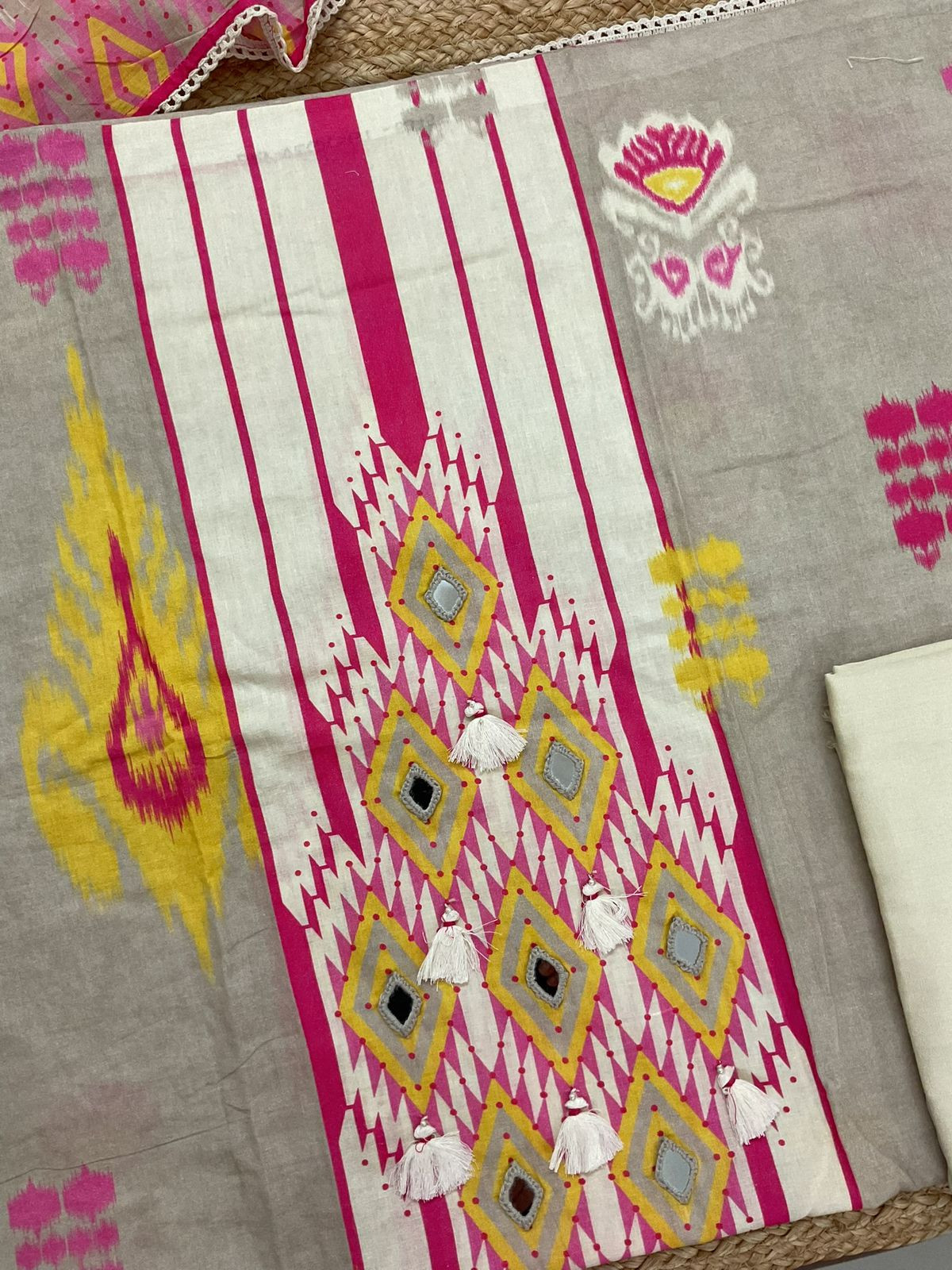 Pure Jaam Cotton Printed Embroidered Suit - Cream