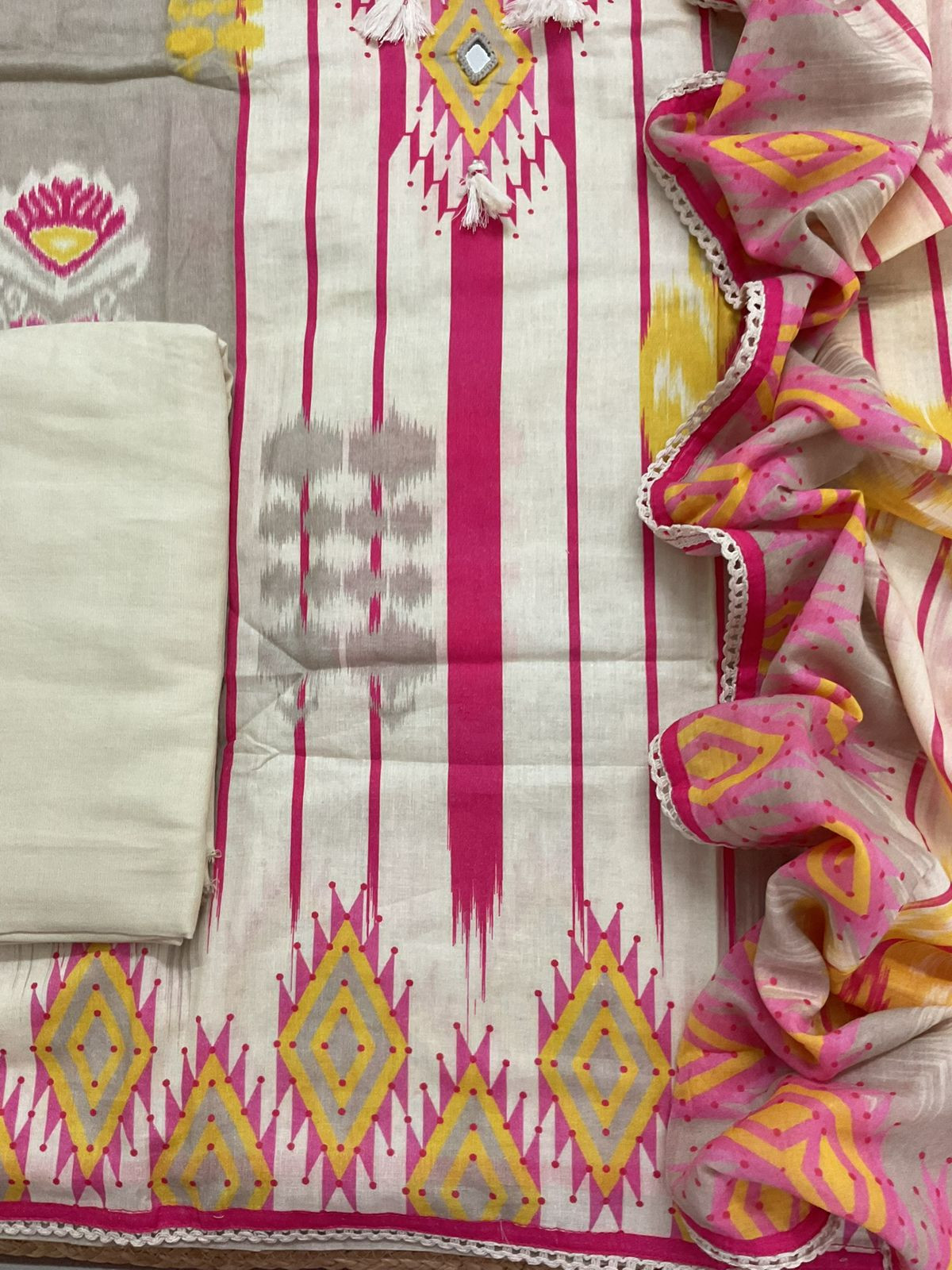 Pure Jaam Cotton Printed Embroidered Suit - Cream