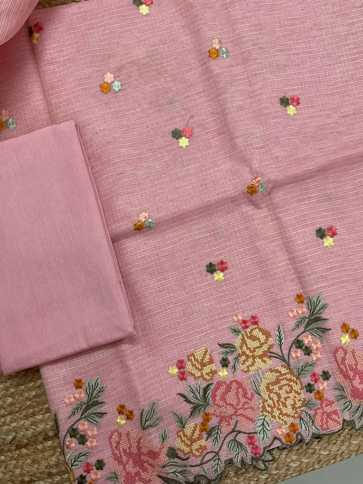 Soft Kota Silk Embroidered Suit - Pink