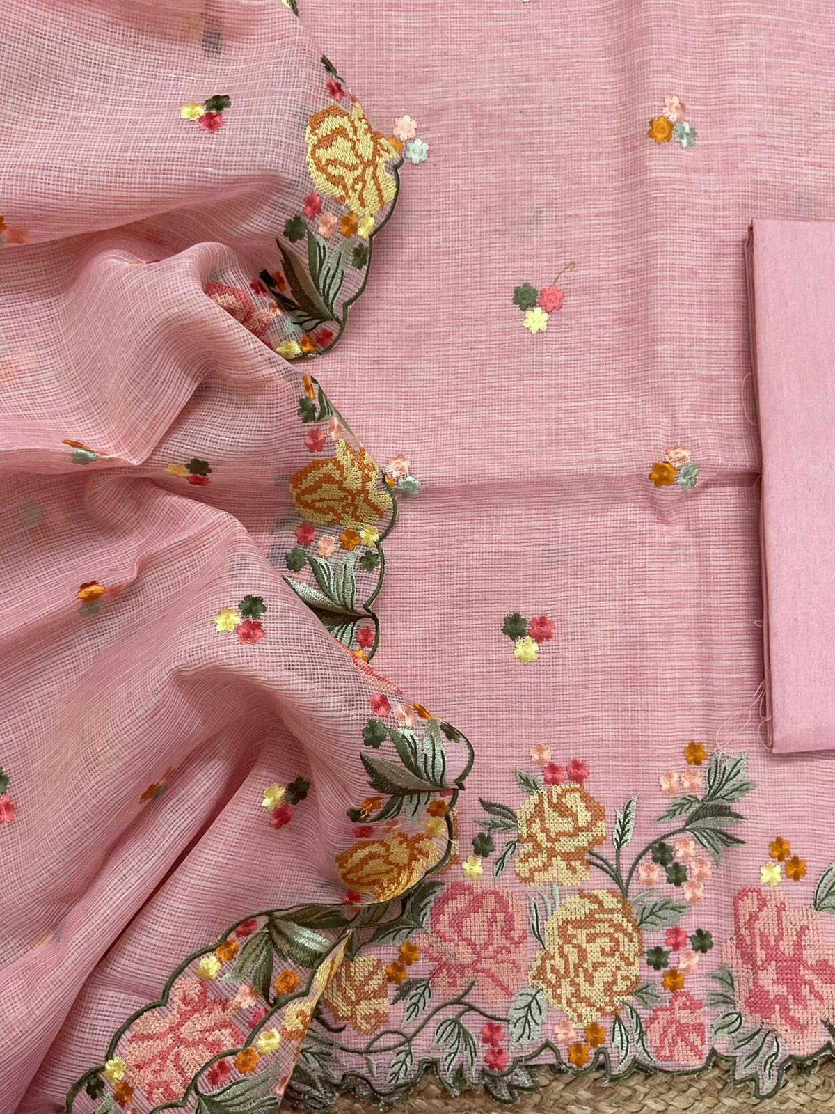 Soft Kota Silk Embroidered Suit - Pink