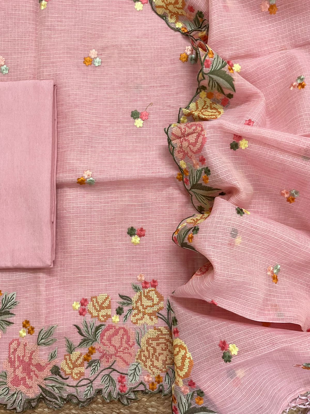 Soft Kota Silk Embroidered Suit - Pink