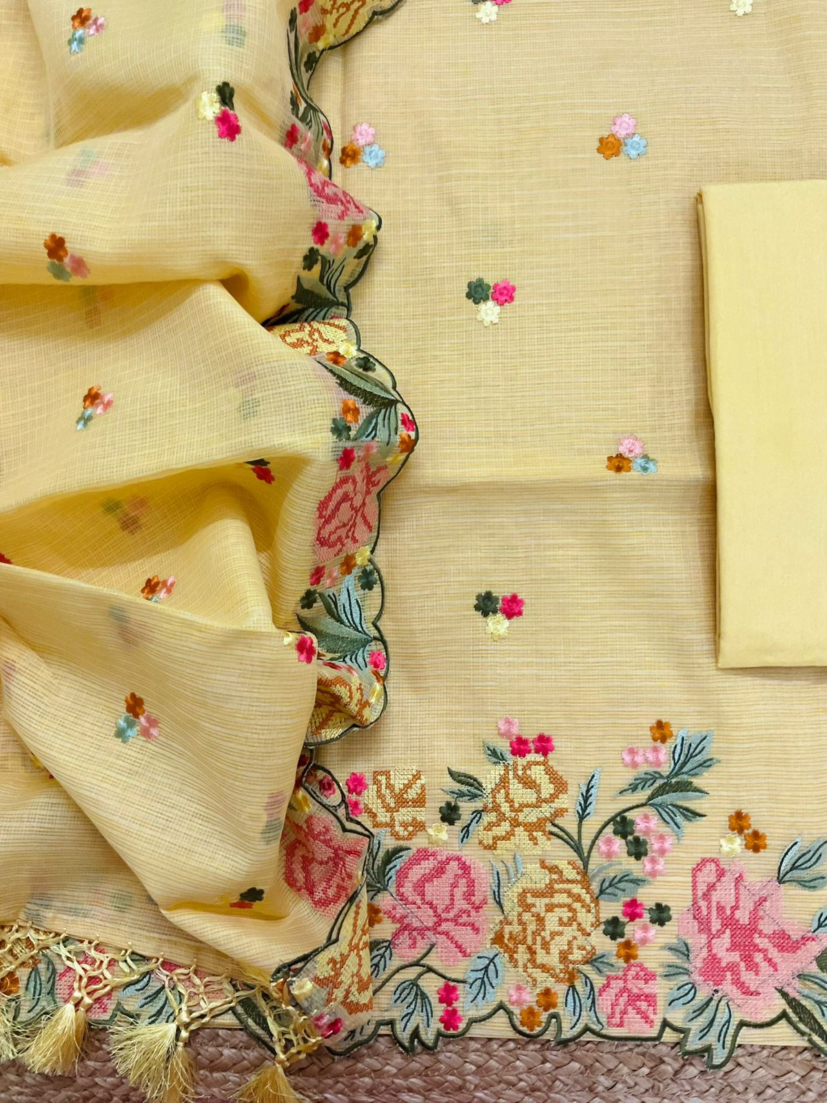 Soft Kota Silk Embroidered Suit - Yellow
