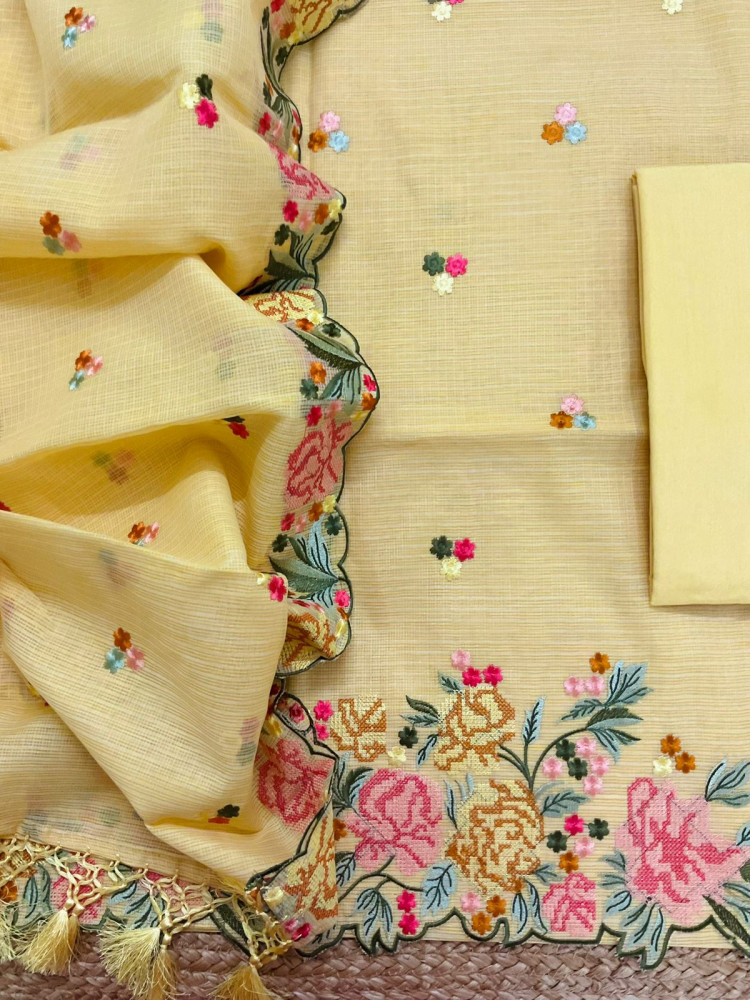 Image of Soft Kota Silk Embroidered Suit - Yellow