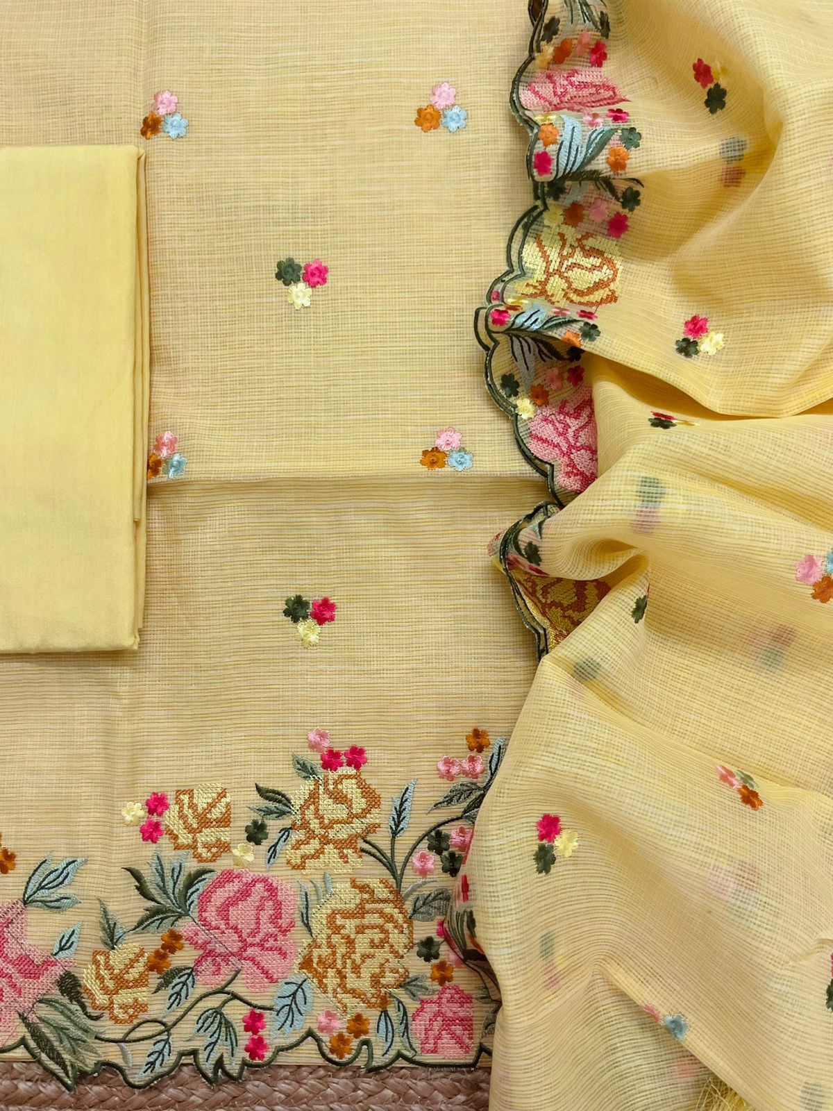 Soft Kota Silk Embroidered Suit - Yellow