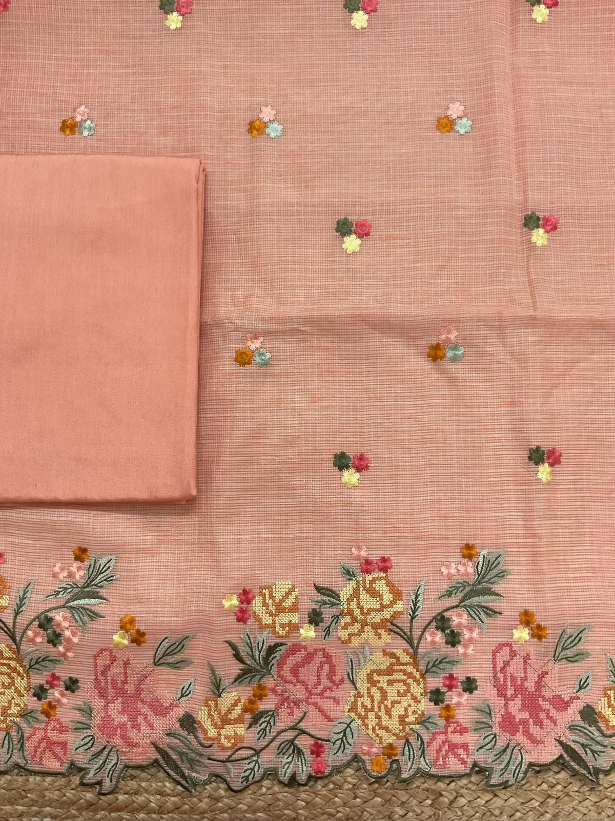 Soft Kota Silk Embroidered Suit - Peach