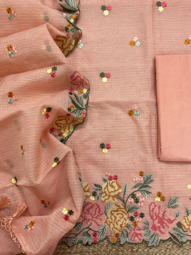 Image of Soft Kota Silk Embroidered Suit - Peach