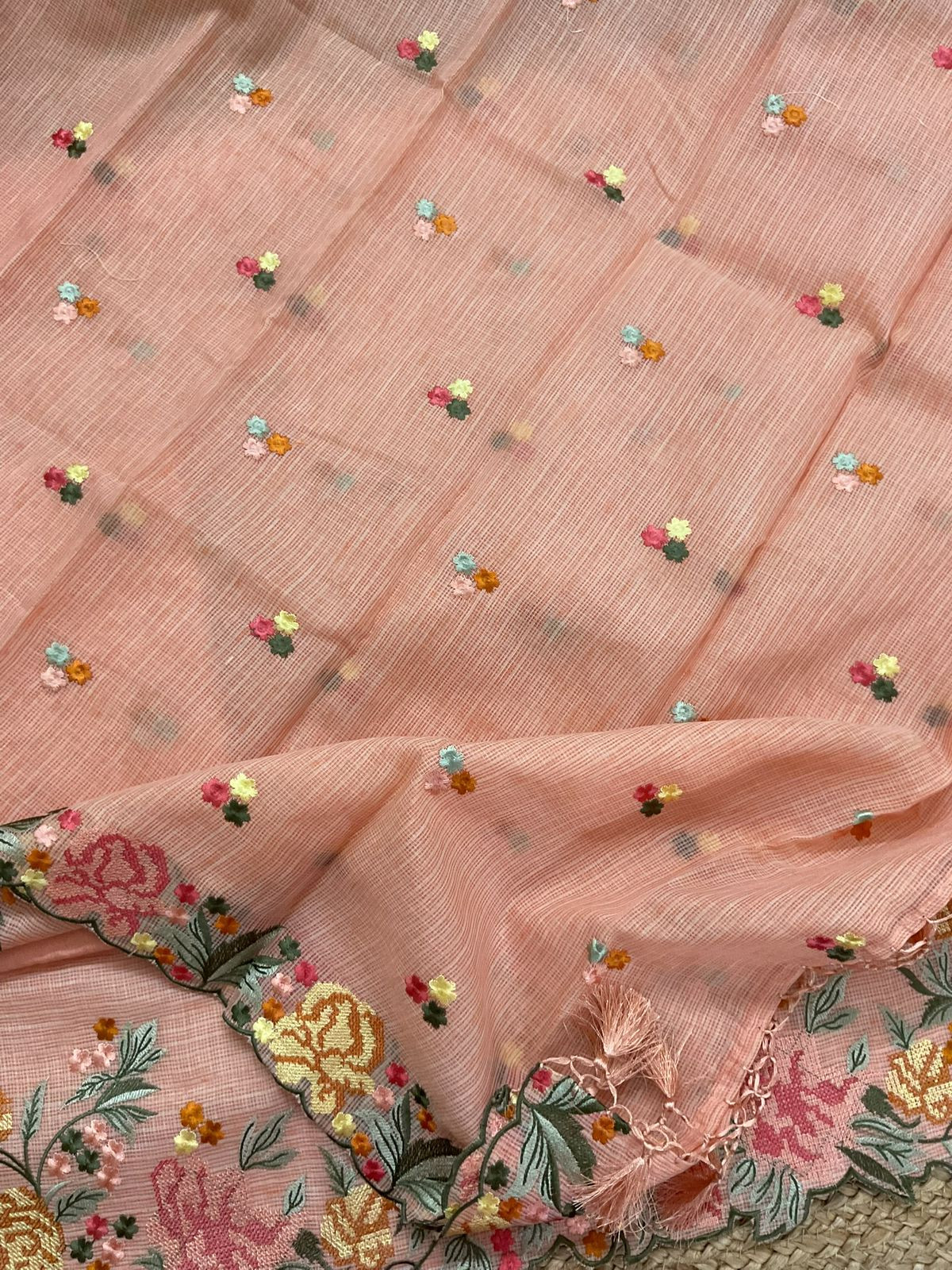 Soft Kota Silk Embroidered Suit - Peach