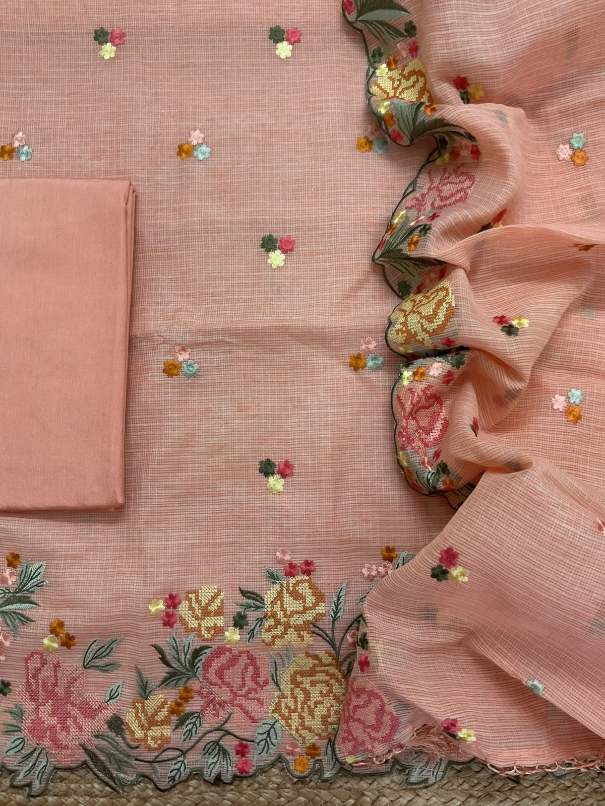 Soft Kota Silk Embroidered Suit - Peach