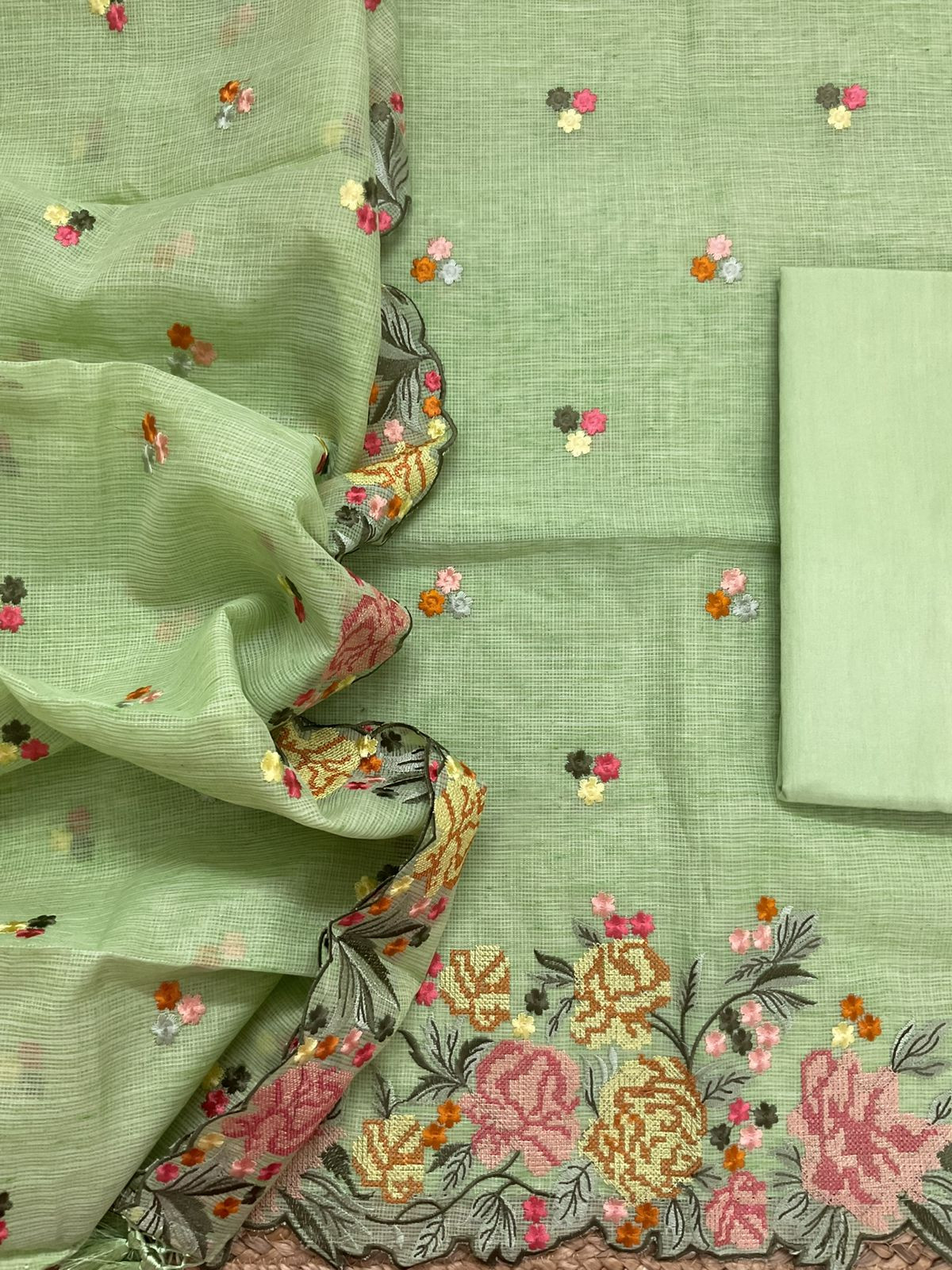 Soft Kota Silk Embroidered Suit - Green