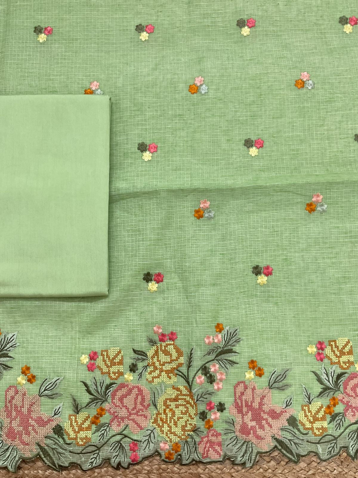 Soft Kota Silk Embroidered Suit - Green