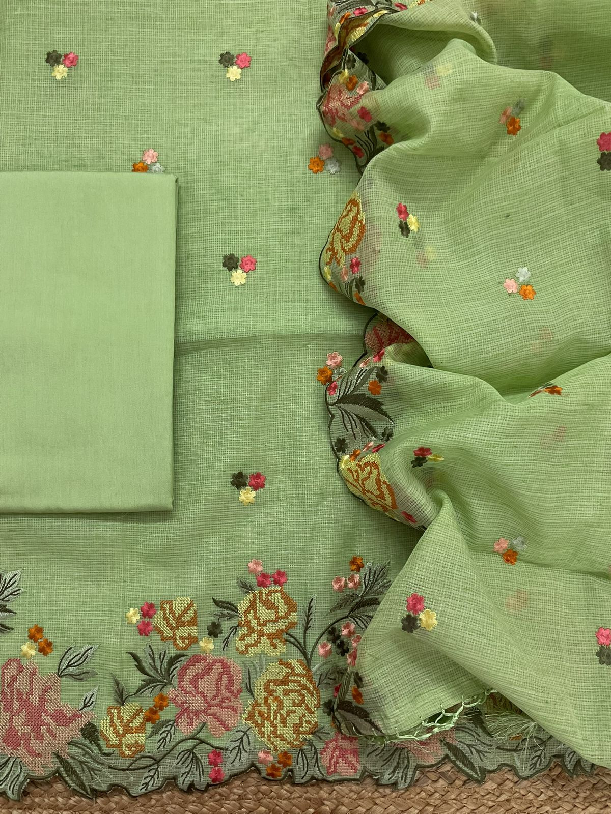 Soft Kota Silk Embroidered Suit - Green