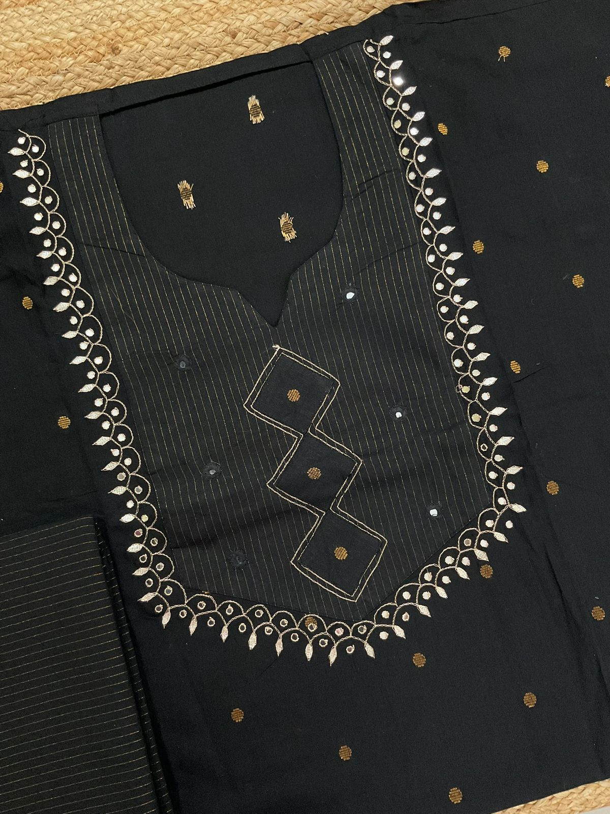 Pure Handloom Cotton Self Weaved Printed Embroidered Suit - Black