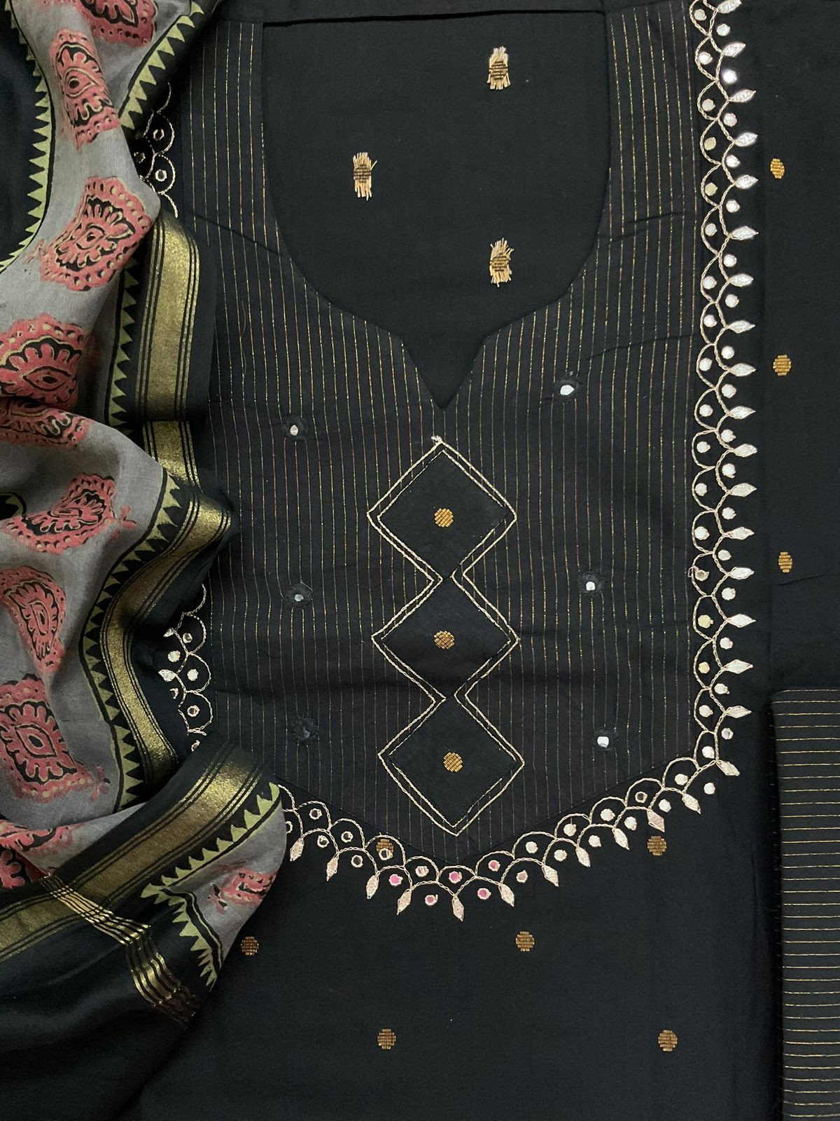 Pure Handloom Cotton Self Weaved Printed Embroidered Suit - Black