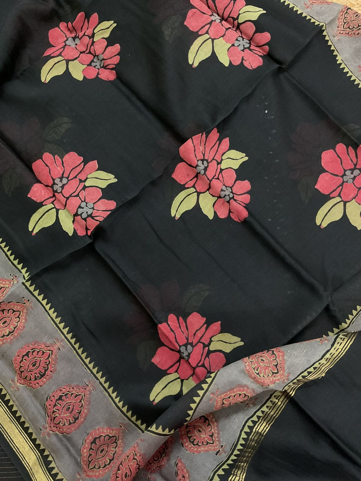 Pure Handloom Cotton Self Weaved Printed Embroidered Suit - Black