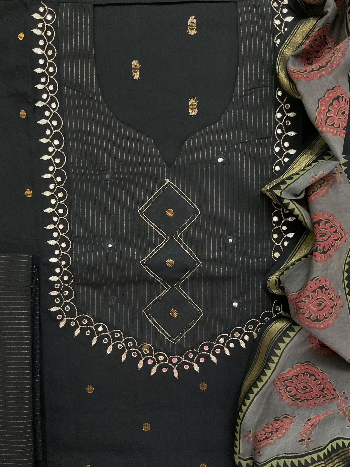 Pure Handloom Cotton Self Weaved Printed Embroidered Suit - Black