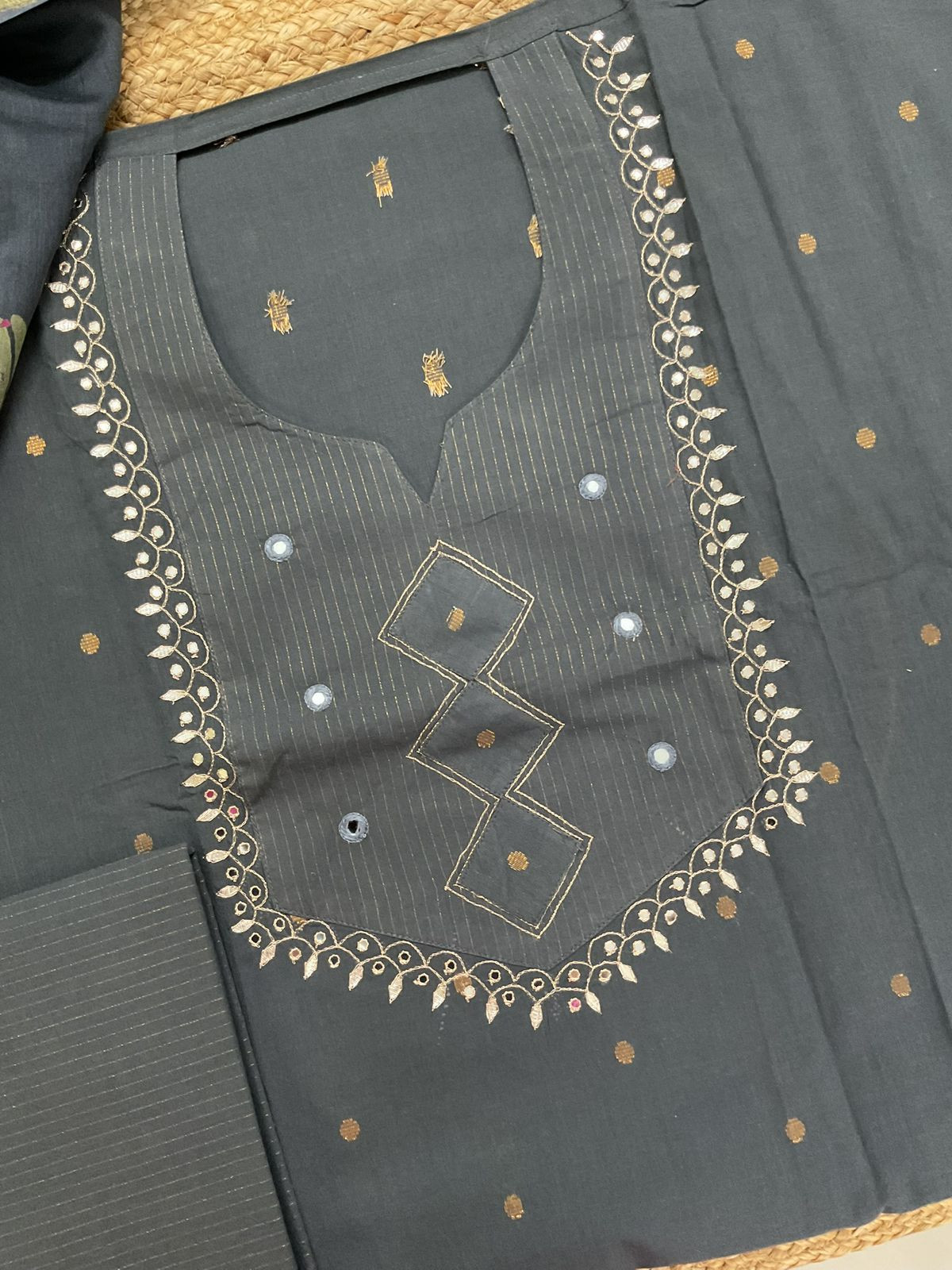 Pure Handloom Cotton Self Weaved Printed Embroidered Suit - Grey