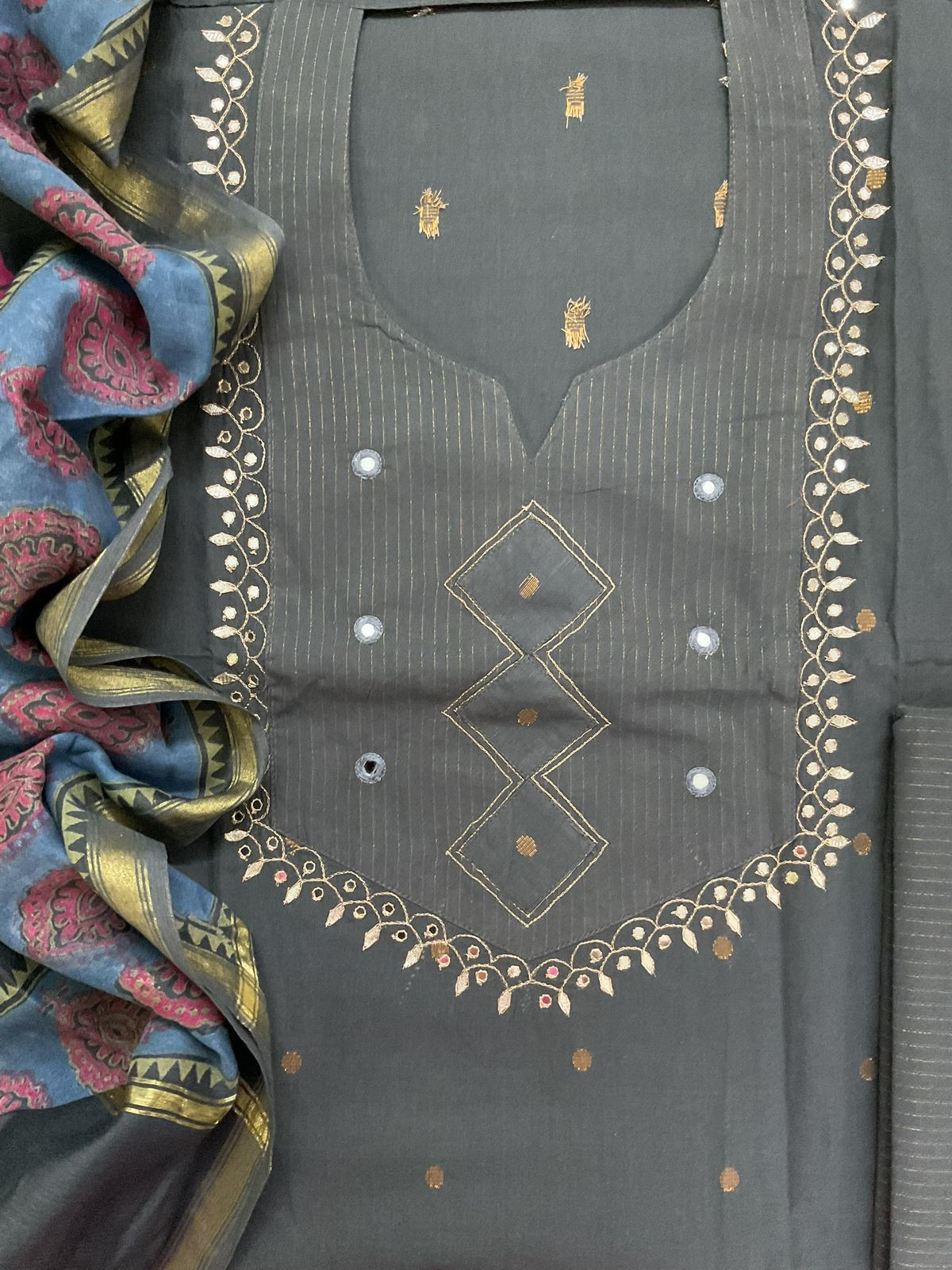 Pure Handloom Cotton Self Weaved Printed Embroidered Suit - Grey