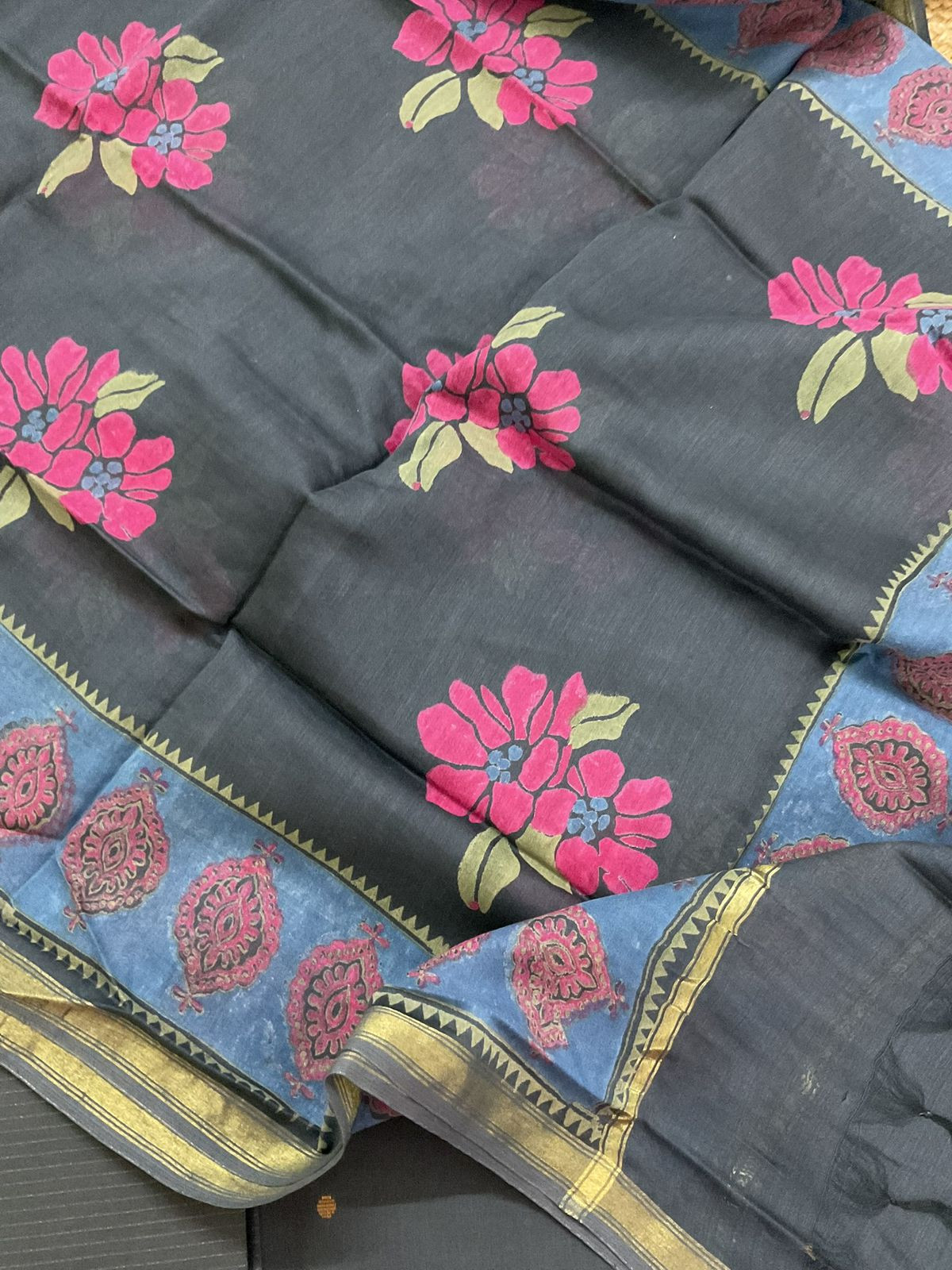 Pure Handloom Cotton Self Weaved Printed Embroidered Suit - Grey
