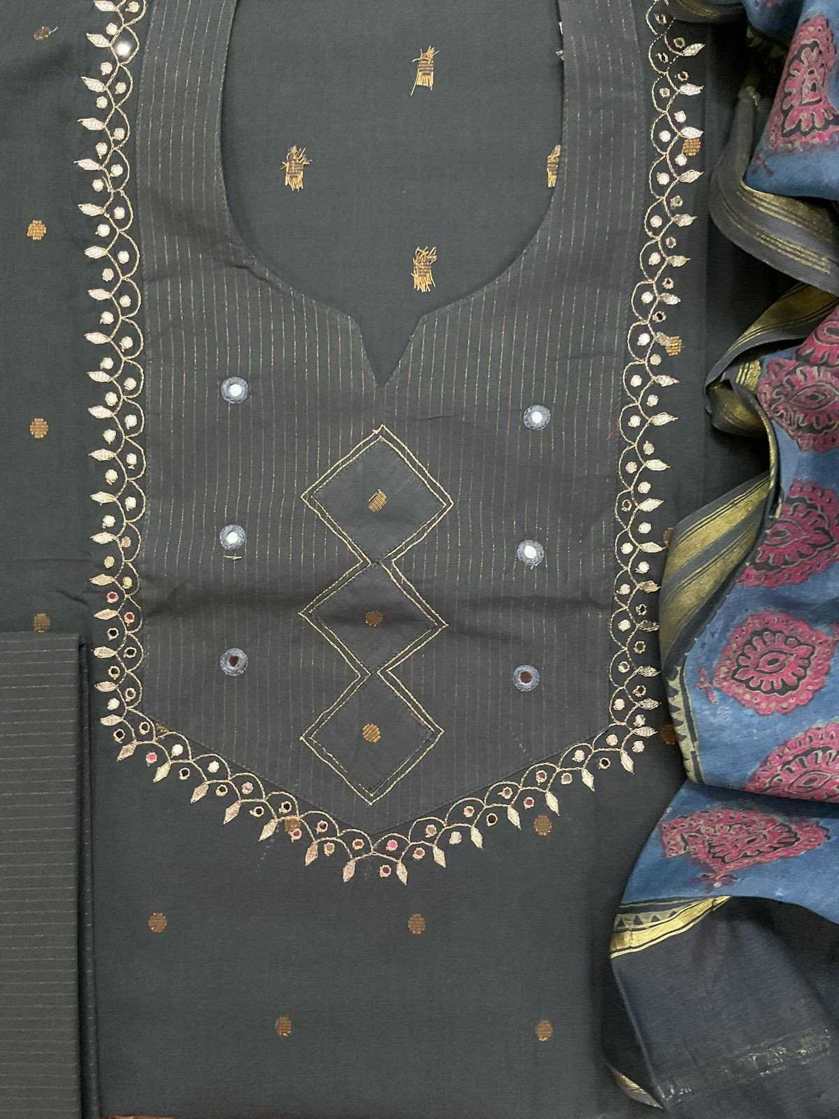 Pure Handloom Cotton Self Weaved Printed Embroidered Suit - Grey