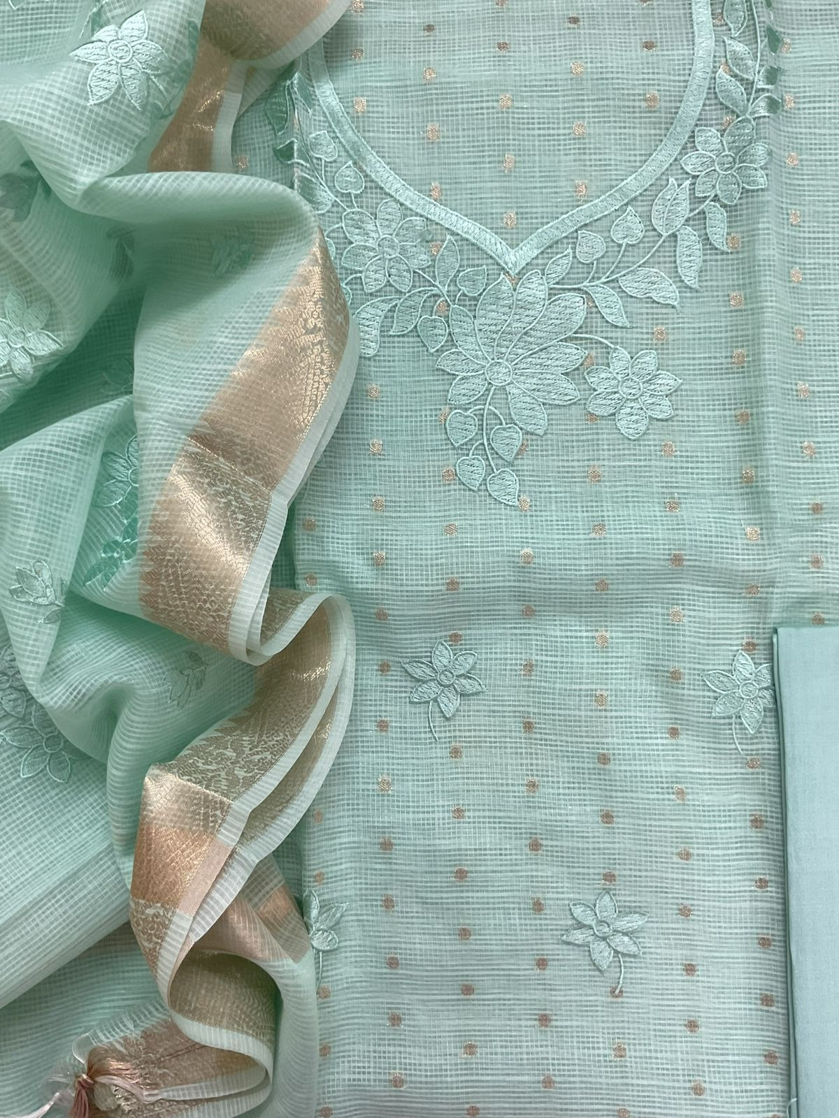 Soft Tissue Kota Silk Banarasi Weaved Embroidered Suit - Sea Blue