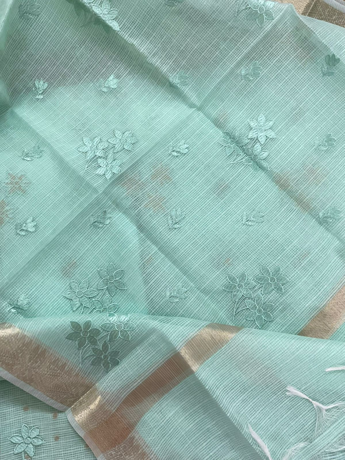 Soft Tissue Kota Silk Banarasi Weaved Embroidered Suit - Sea Blue