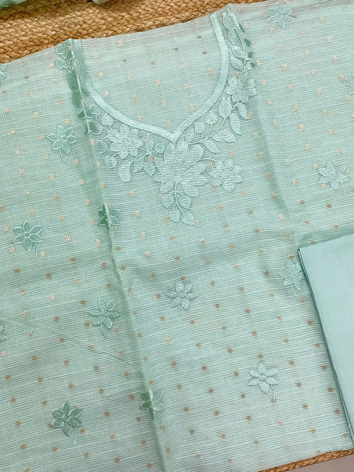 Soft Tissue Kota Silk Banarasi Weaved Embroidered Suit - Sea Blue