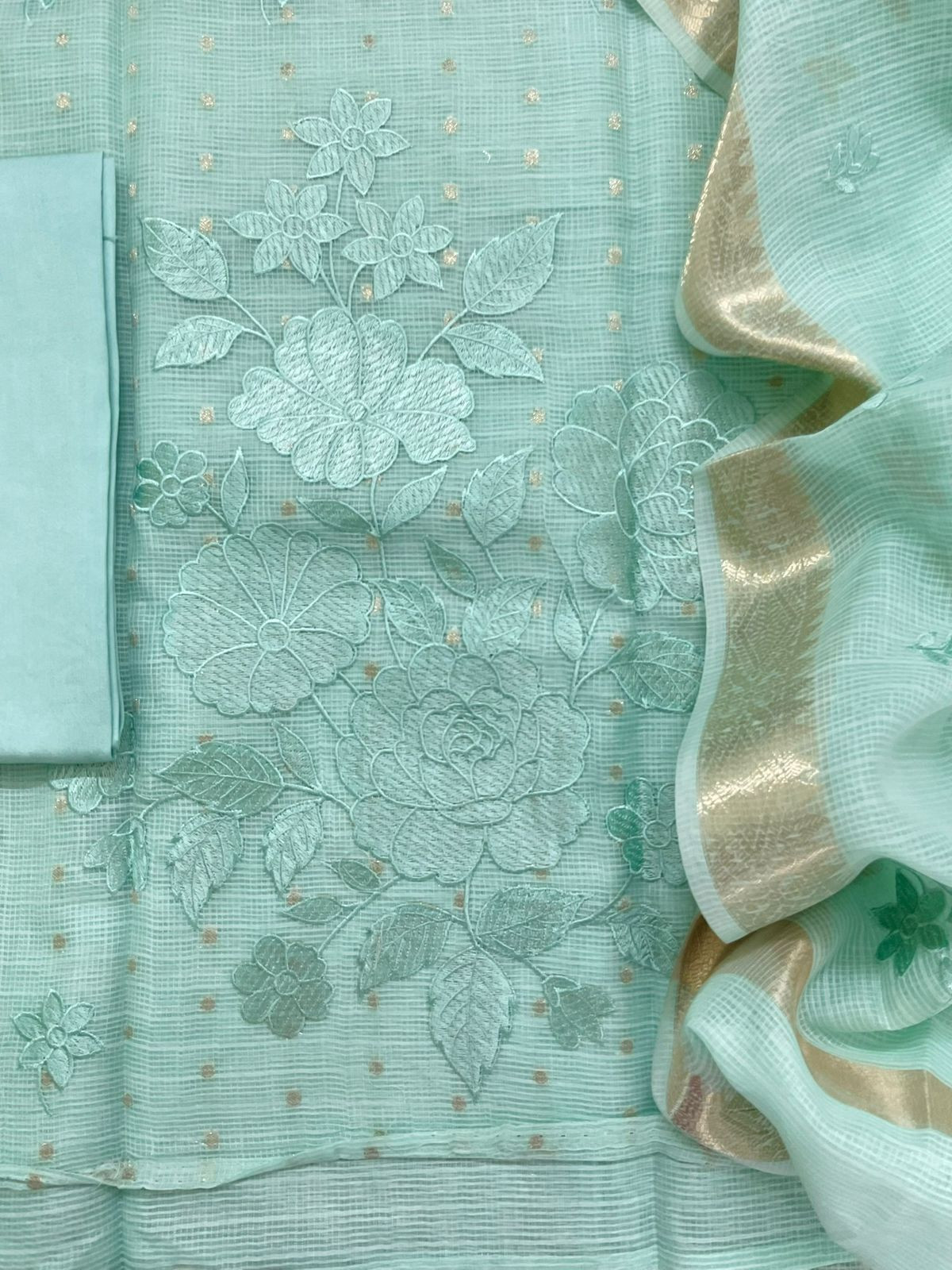 Soft Tissue Kota Silk Banarasi Weaved Embroidered Suit - Sea Blue