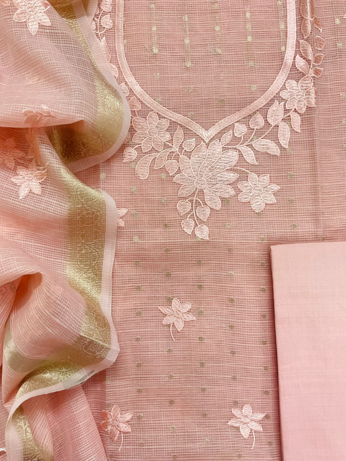 Soft Tissue Kota Silk Banarasi Weaved Embroidered Suit - Peach