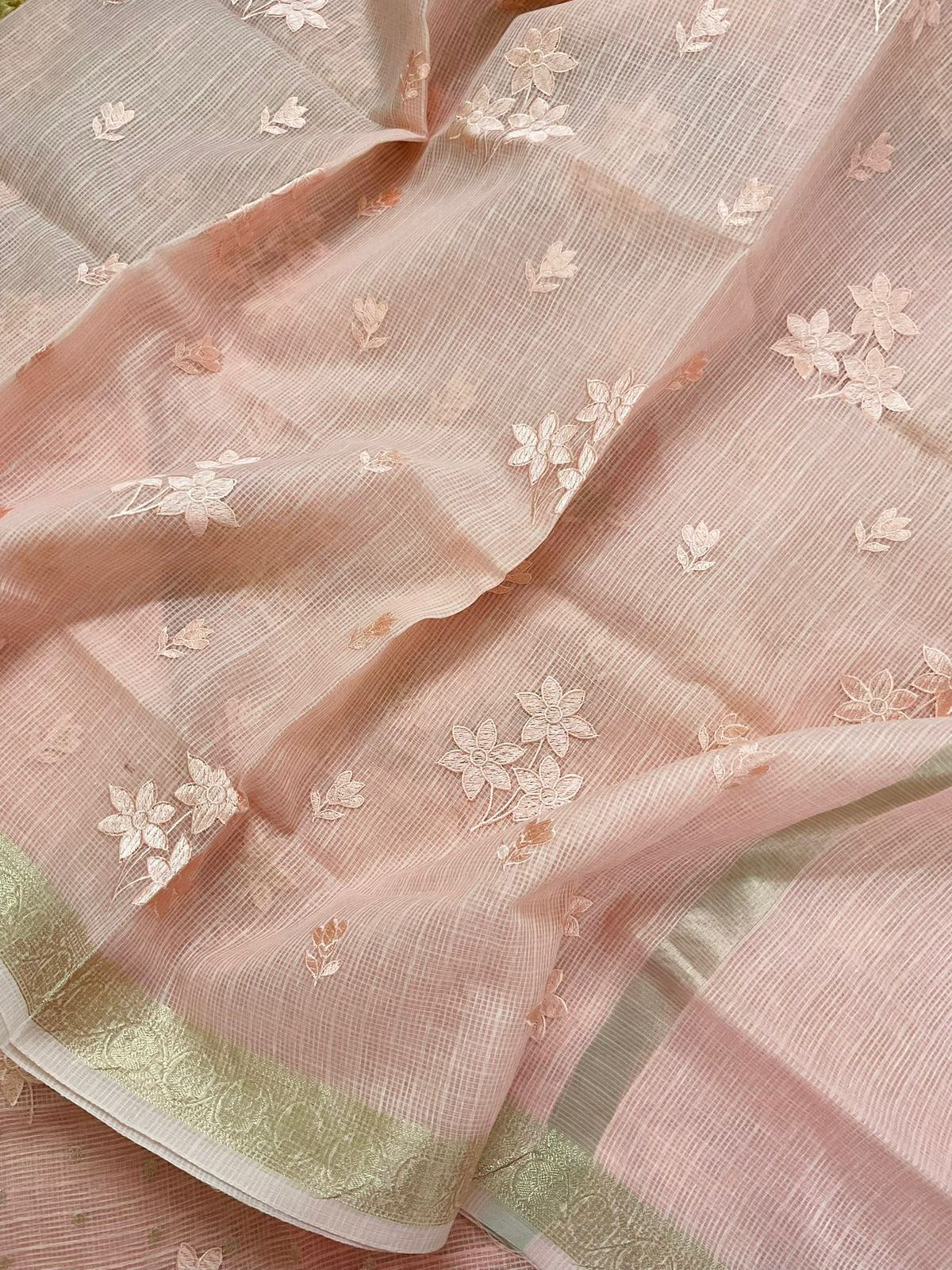 Soft Tissue Kota Silk Banarasi Weaved Embroidered Suit - Peach