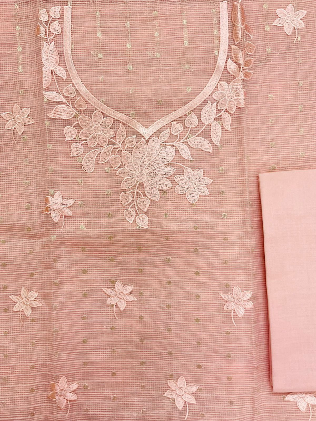Soft Tissue Kota Silk Banarasi Weaved Embroidered Suit - Peach