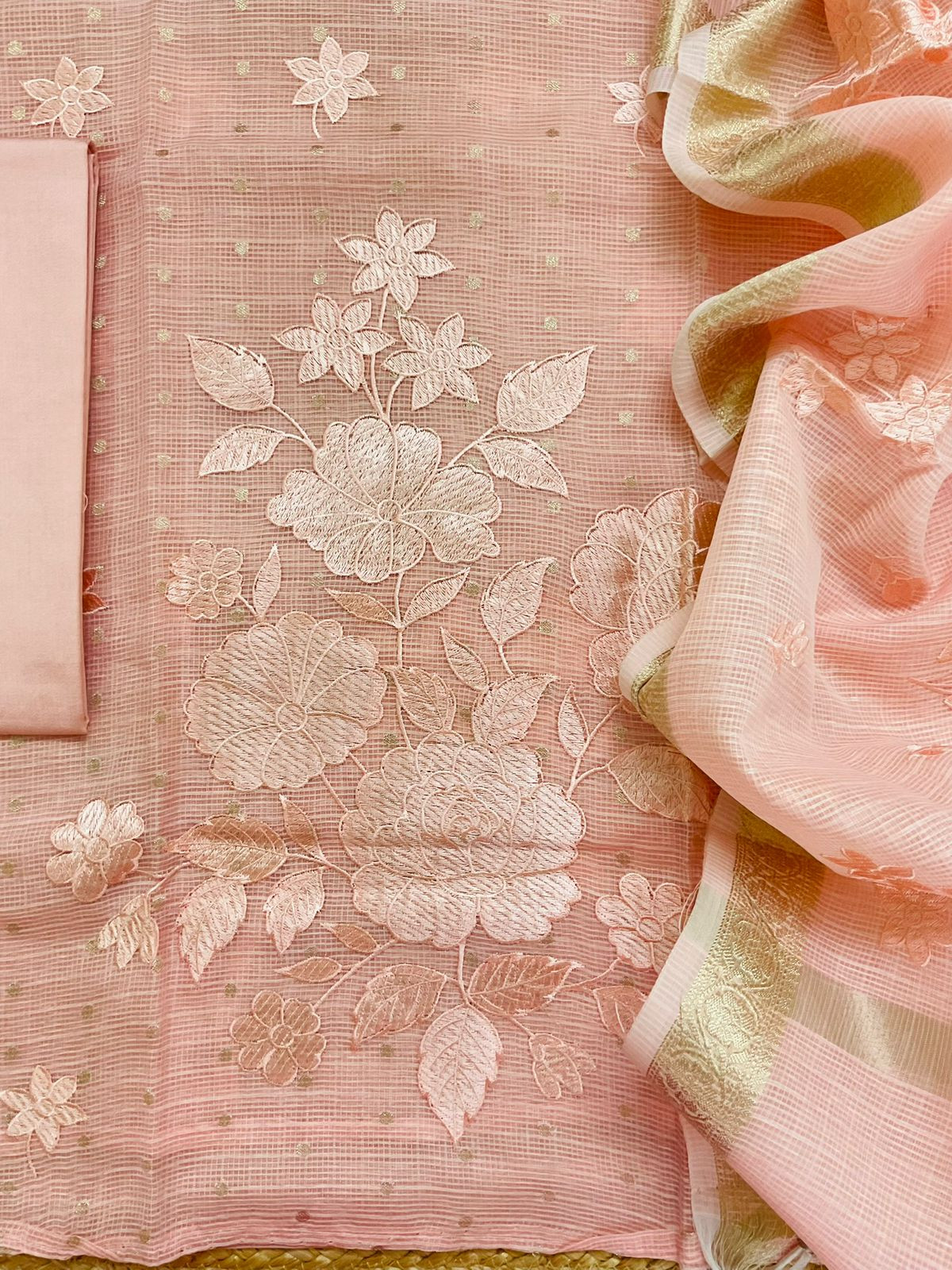Soft Tissue Kota Silk Banarasi Weaved Embroidered Suit - Peach