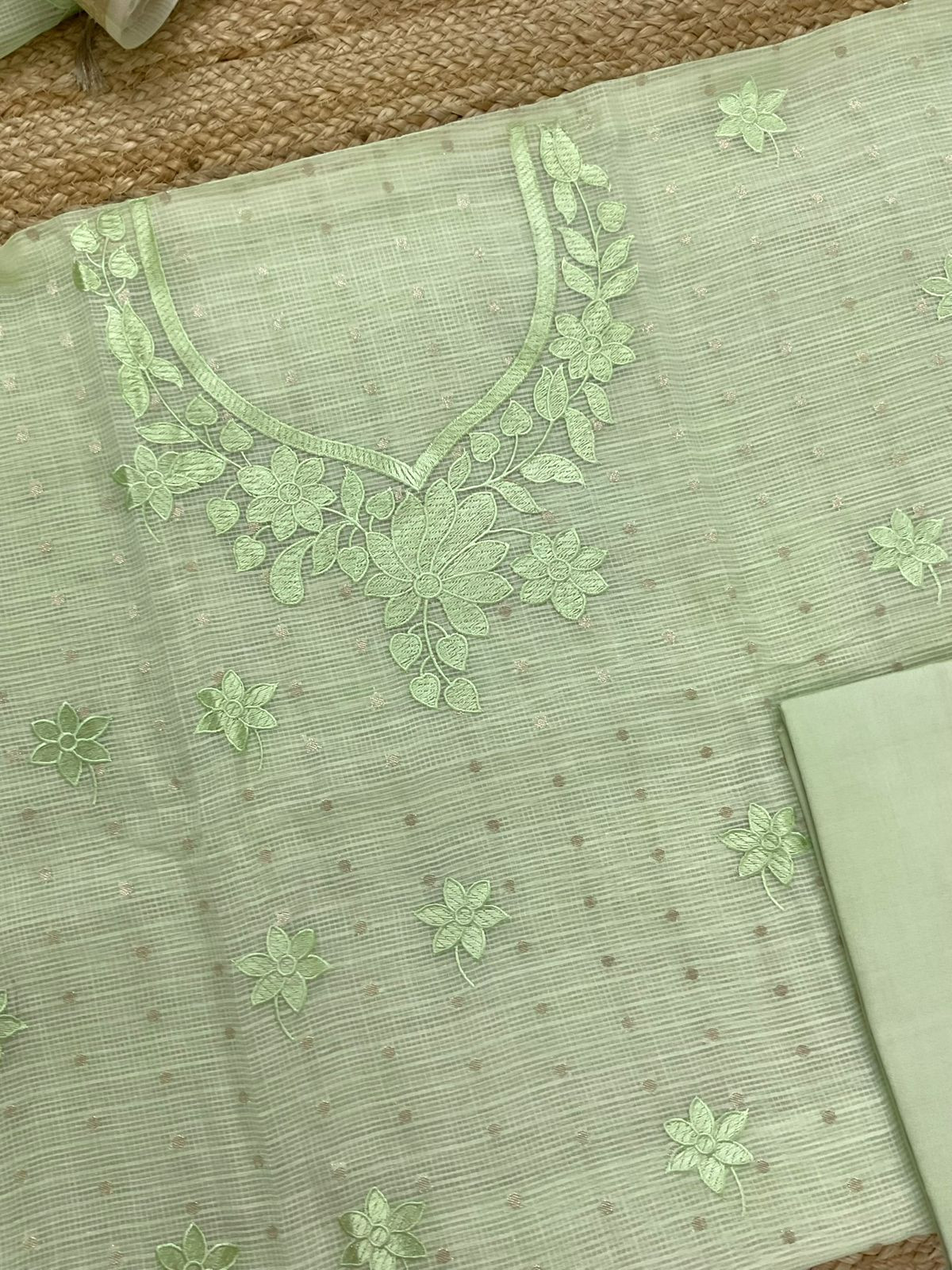 Soft Tissue Kota Silk Banarasi Weaved Embroidered Suit - Green