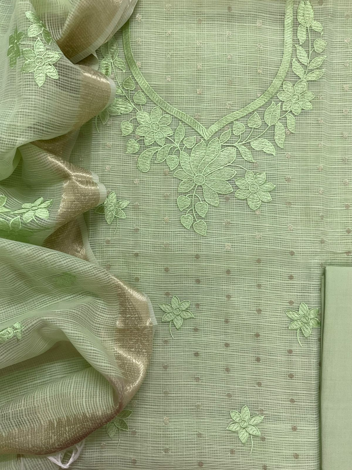 Soft Tissue Kota Silk Banarasi Weaved Embroidered Suit - Green