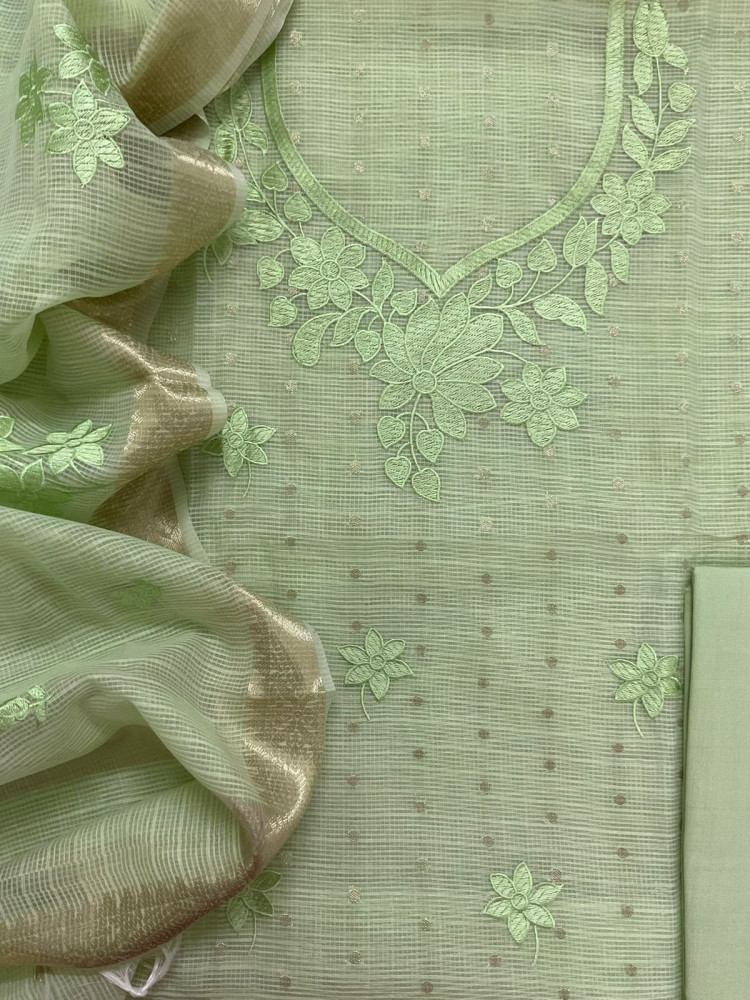 Image of Soft Tissue Kota Silk Banarasi Weaved Embroidered Suit - Green