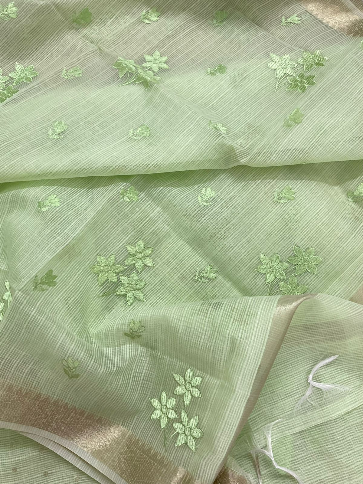 Soft Tissue Kota Silk Banarasi Weaved Embroidered Suit - Green