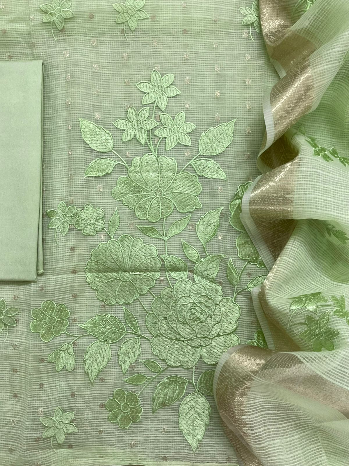 Soft Tissue Kota Silk Banarasi Weaved Embroidered Suit - Green