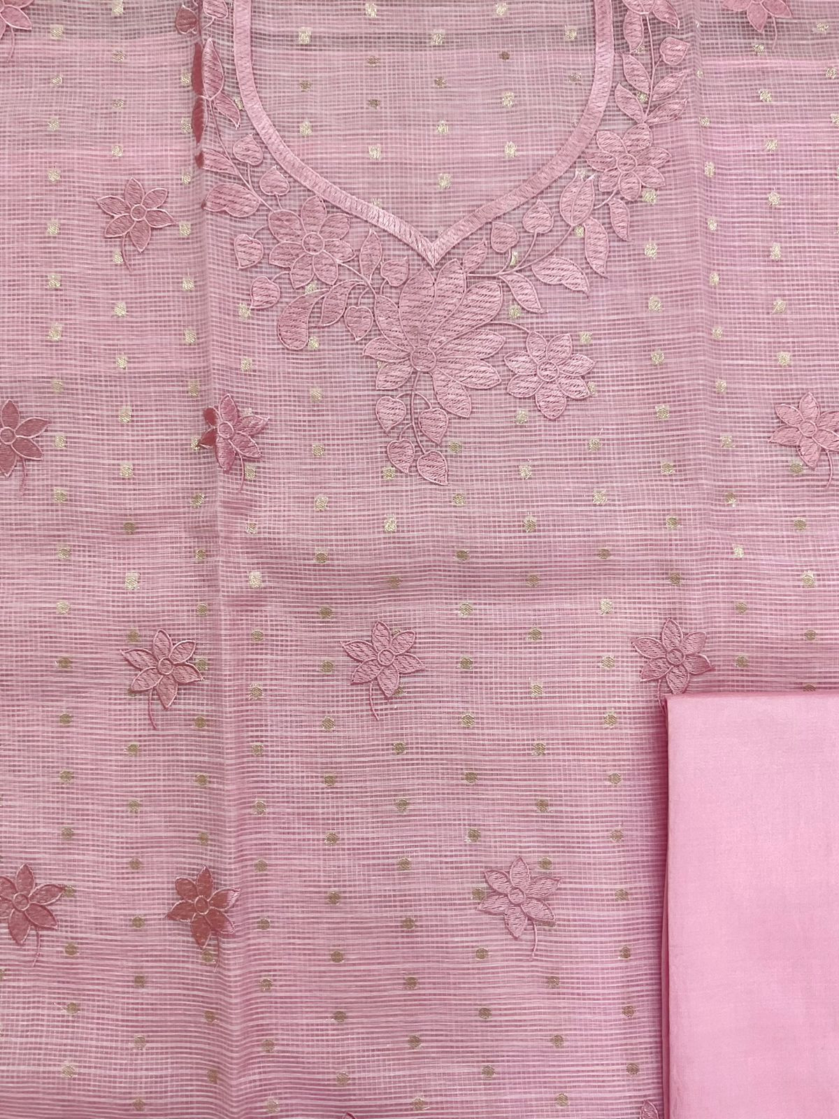 Soft Tissue Kota Silk Banarasi Weaved Embroidered Suit - Pink