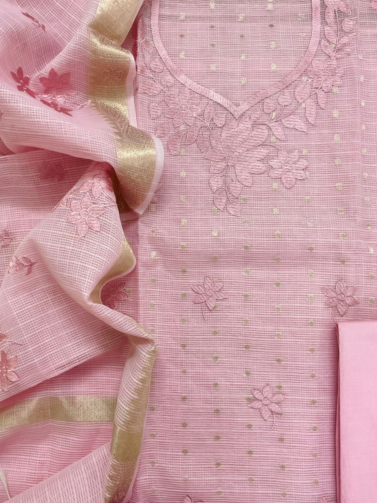 Soft Tissue Kota Silk Banarasi Weaved Embroidered Suit - Pink