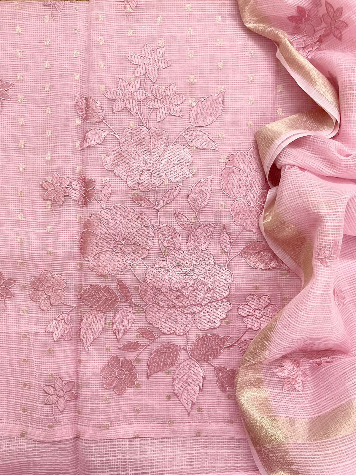 Soft Tissue Kota Silk Banarasi Weaved Embroidered Suit - Pink
