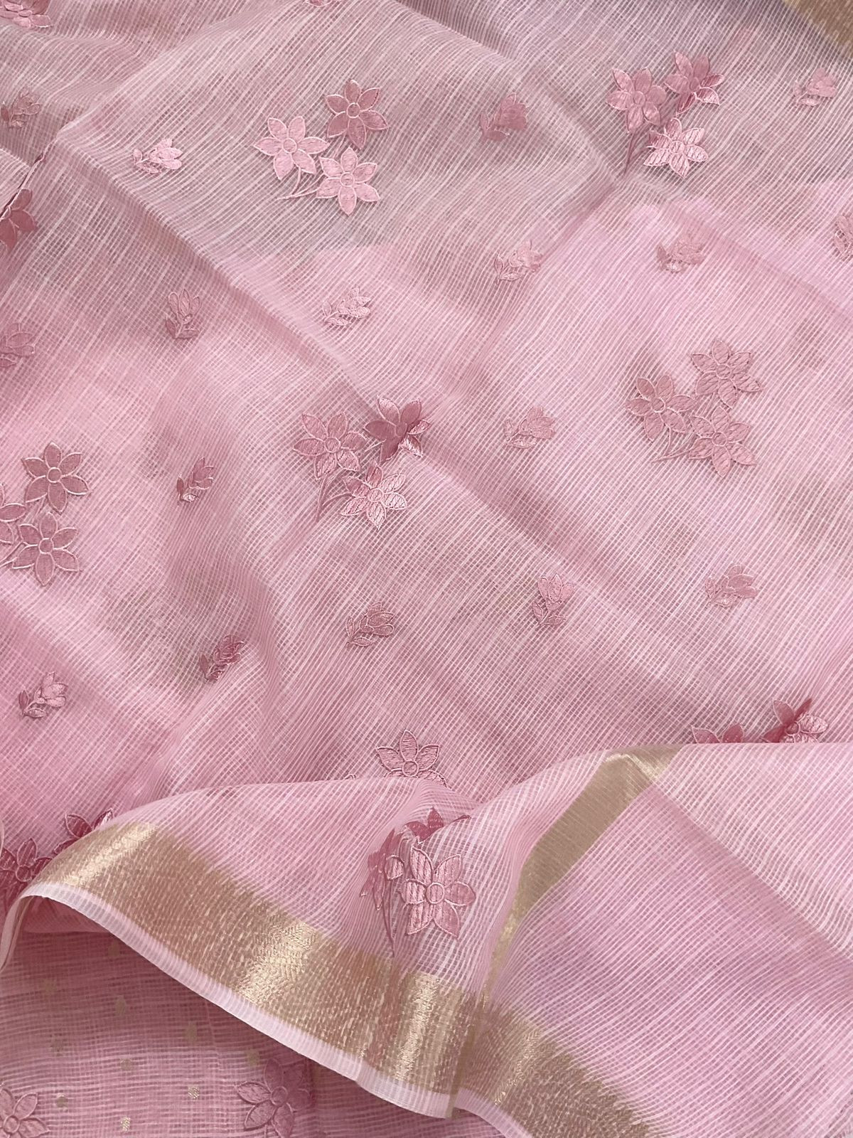 Soft Tissue Kota Silk Banarasi Weaved Embroidered Suit - Pink