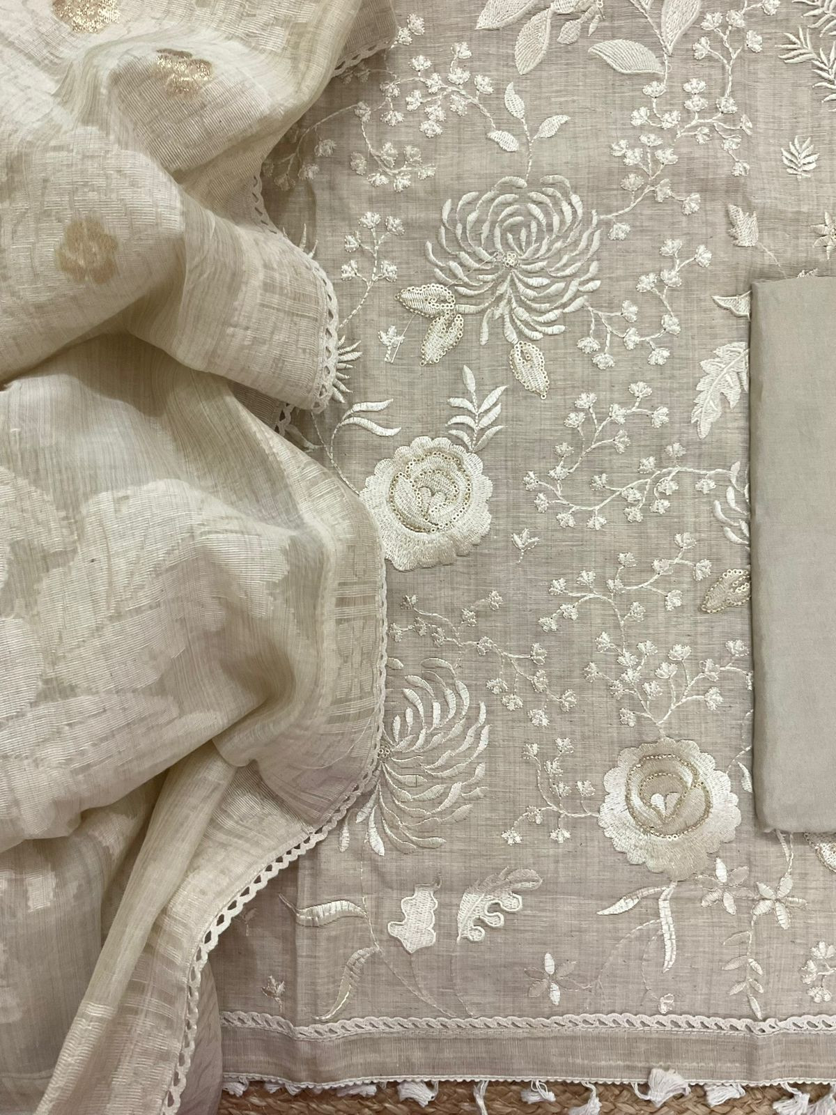 Soft Slub Chanderi Jamdani Weaved Embroidered Suit - Beige