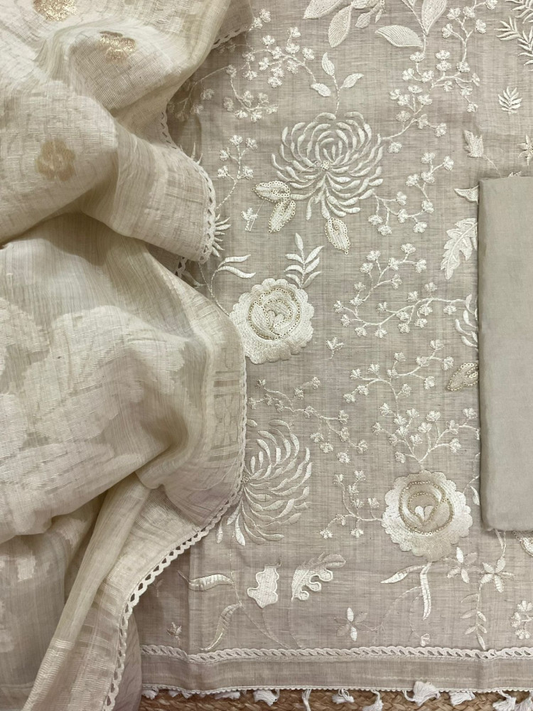 Image of Soft Slub Chanderi Jamdani Weaved Embroidered Suit - Beige