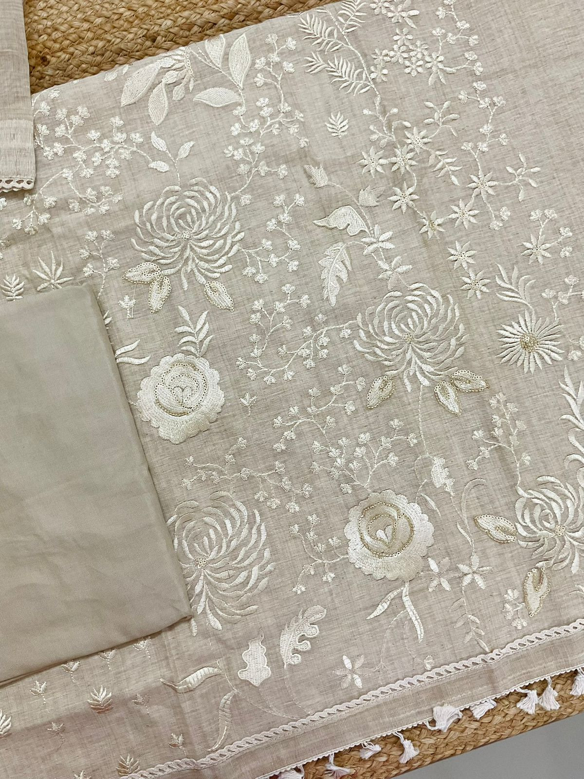 Soft Slub Chanderi Jamdani Weaved Embroidered Suit - Beige