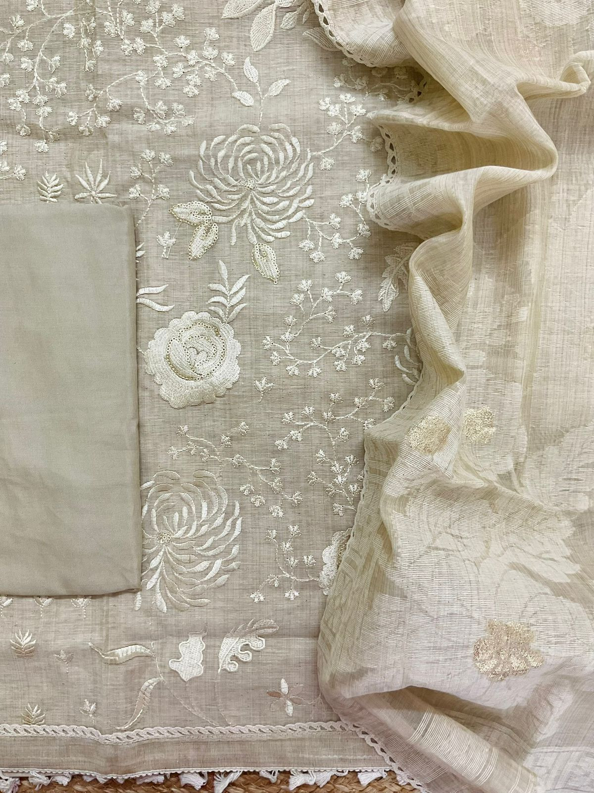 Soft Slub Chanderi Jamdani Weaved Embroidered Suit - Beige