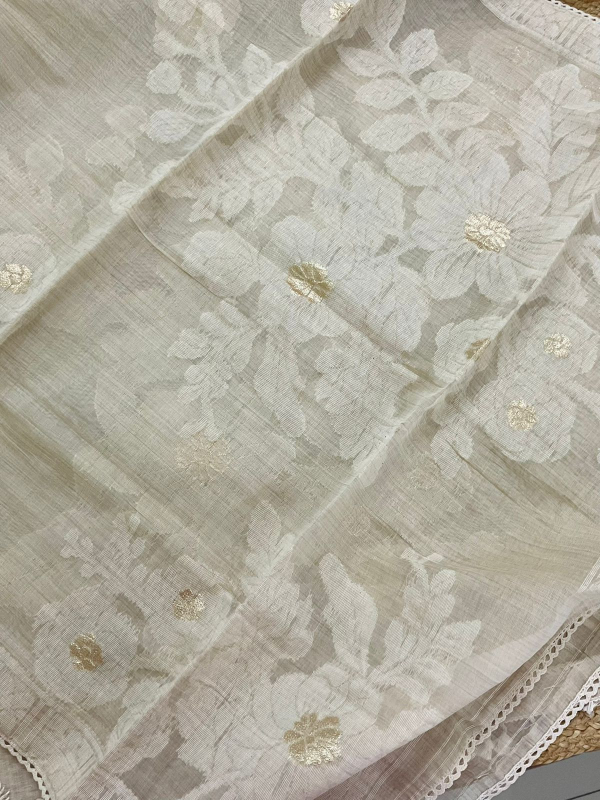 Soft Slub Chanderi Jamdani Weaved Embroidered Suit - Beige