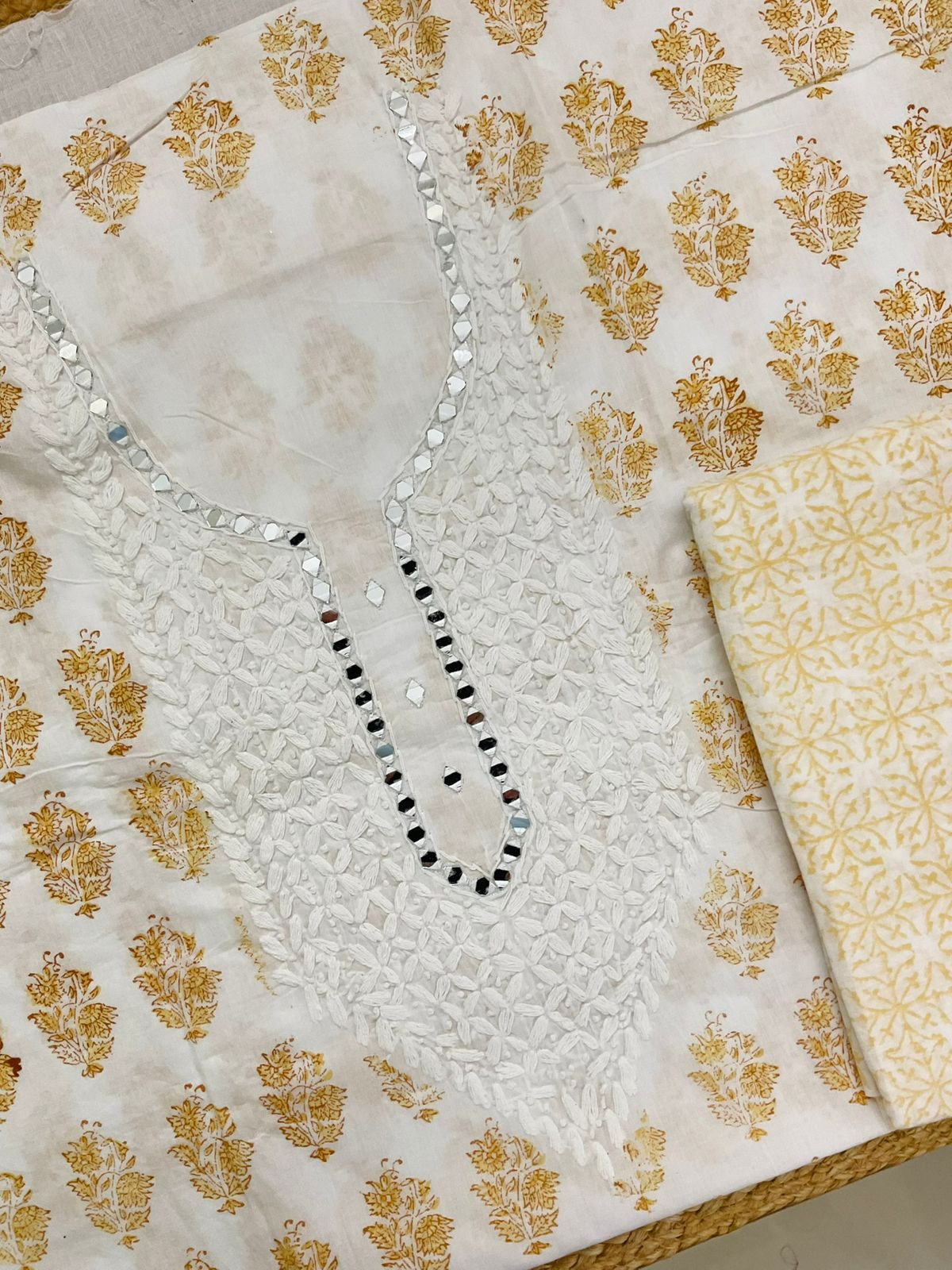 Pure Cotton Printed Embroidered Suit - White