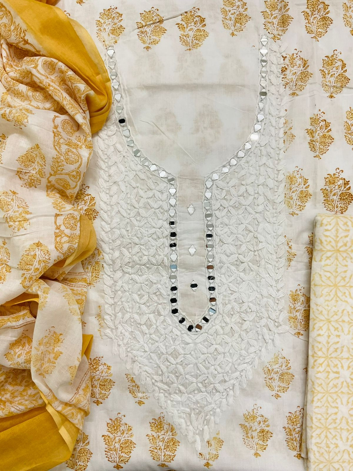 Pure Cotton Printed Embroidered Suit - White