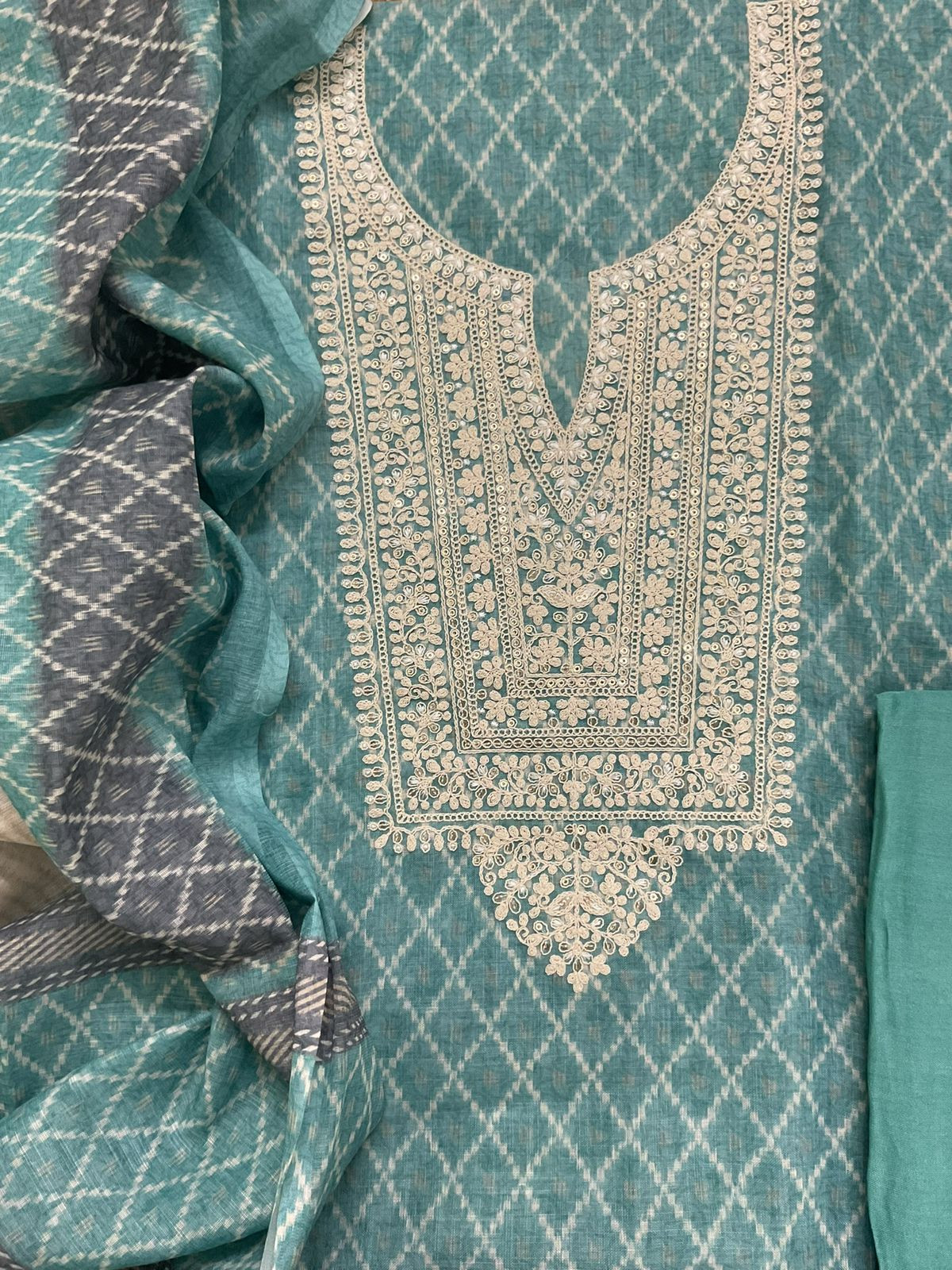 Soft Fine Linen Jute Cotton Printed Embroidered Suit - Blue